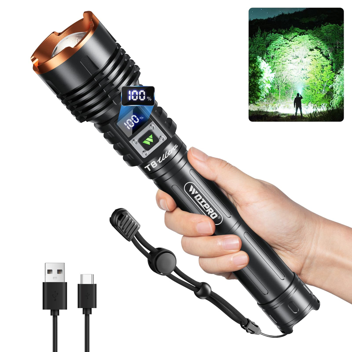 WdtPro flashlight with LCD display showing battery level for smart charging planning