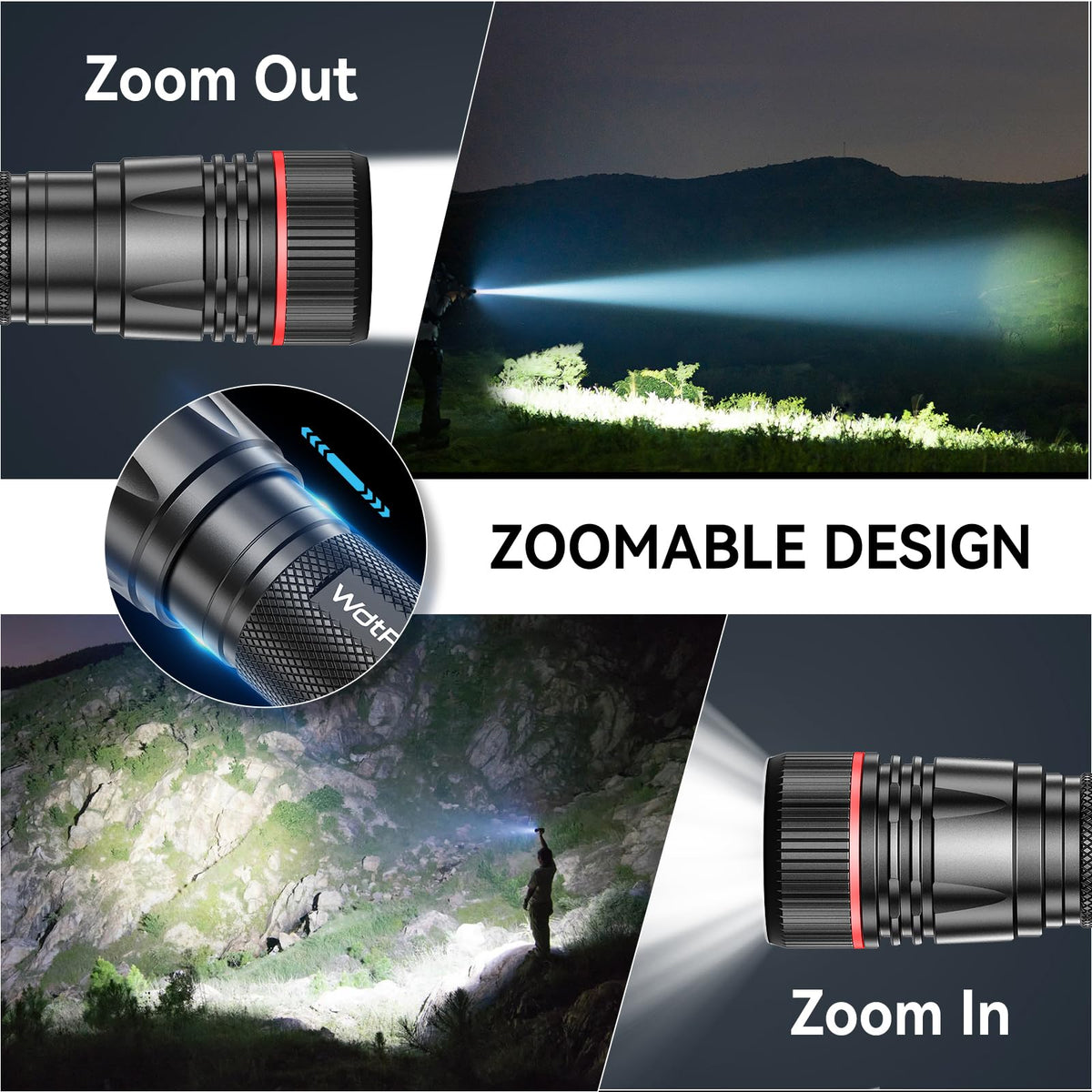 WdtPro flashlight three-modes offering high, medium, and strobe for versatile lighting.