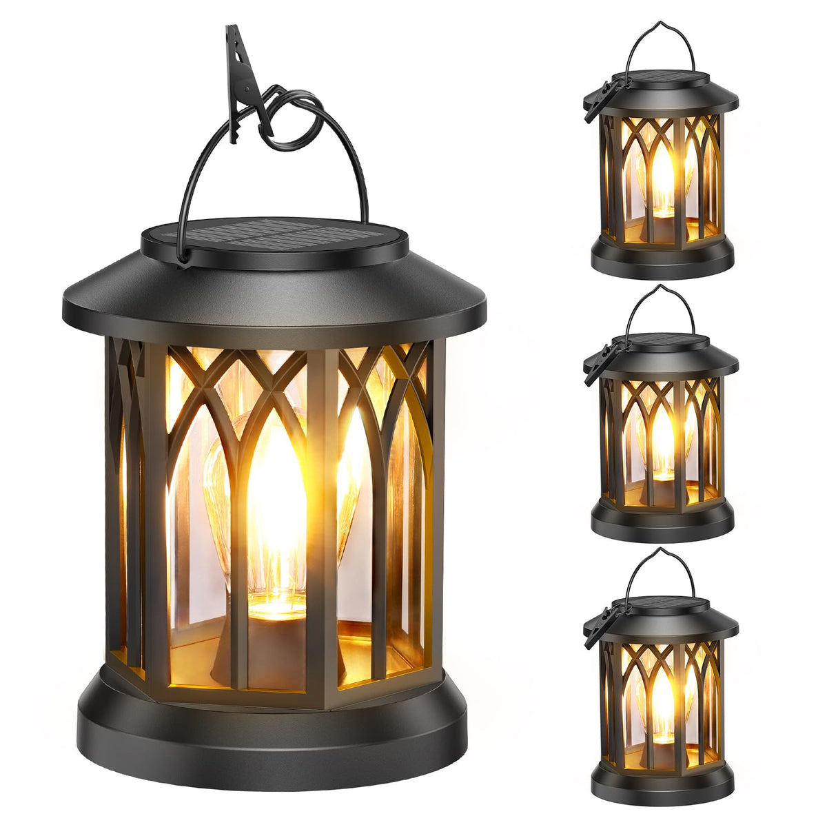 WdtPro four-pack solar lanterns illuminate outdoor hanging spaces with warm ambience.