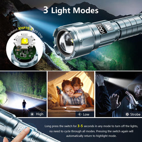 WdtPro LED flashlight 2-pack LCD display shows real-time power level.