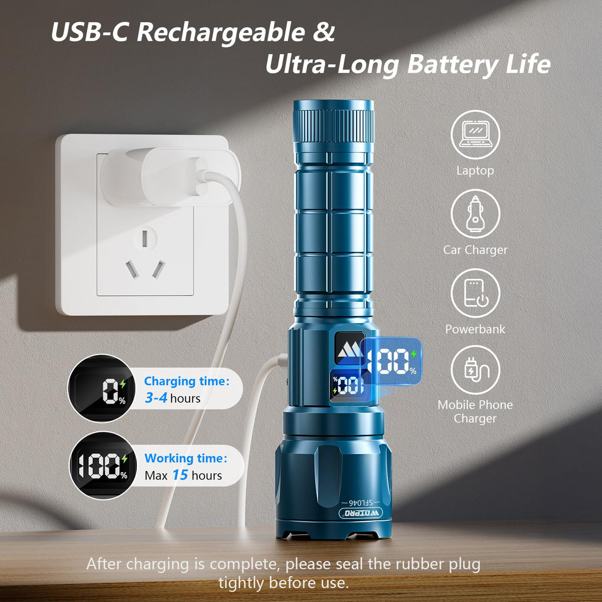 WdtPro USB rechargeable flashlight ready to charge anywhere.