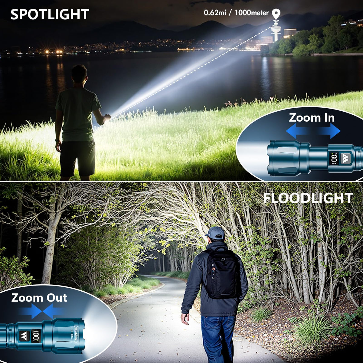 WdtPro zoomable beam for focused spot or wide flood.