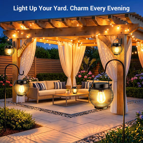 WdtPro metal solar lantern outdoors illuminating pathways at dusk.