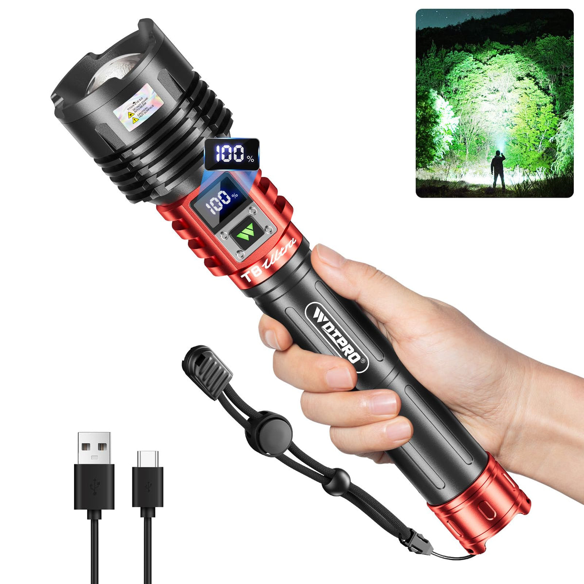 WdtPro 90,000 lumen rechargeable flashlight with a powerful long-range beam.