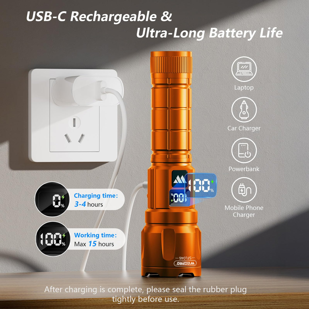 WdtPro SFL046 USB rechargeable flashlight ready for quick charging