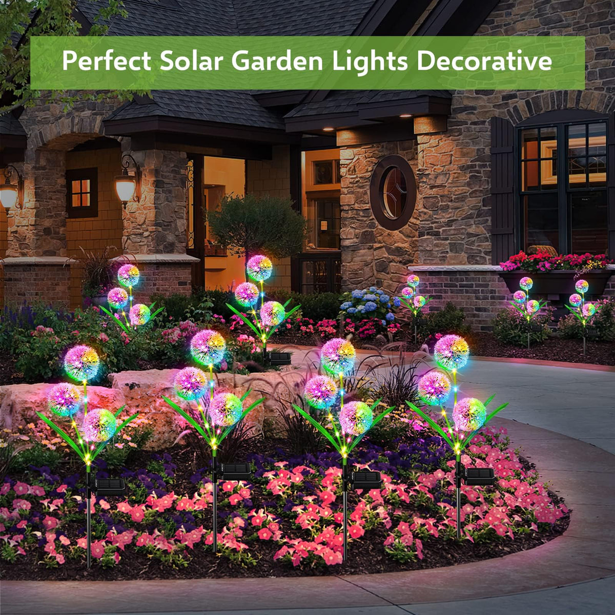 WdtPro solar lights resemble dandelions in blue, green, pink, and yellow for vibrant yard decor.