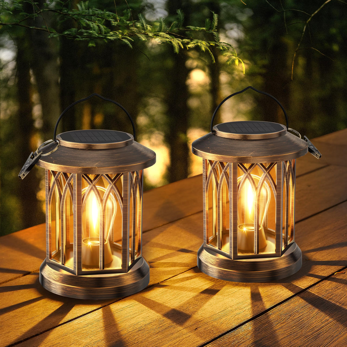 WdtPro solar lantern clipped to a porch rail emits warm glow for night use.