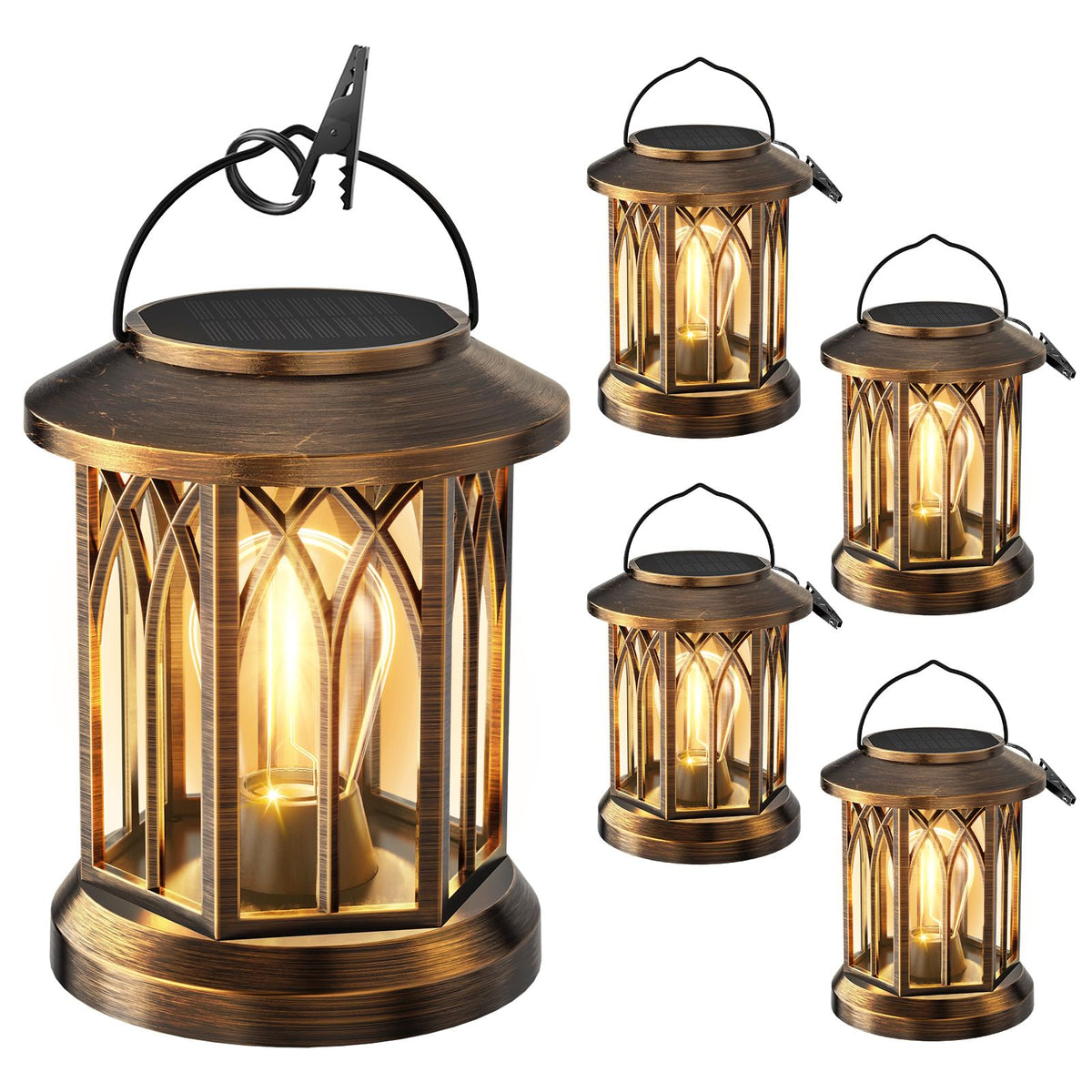WdtPro antique copper solar lantern hanging on porch with warm glow