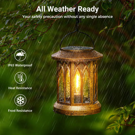WdtPro solar lantern hanging from a tree adds soft amber light.