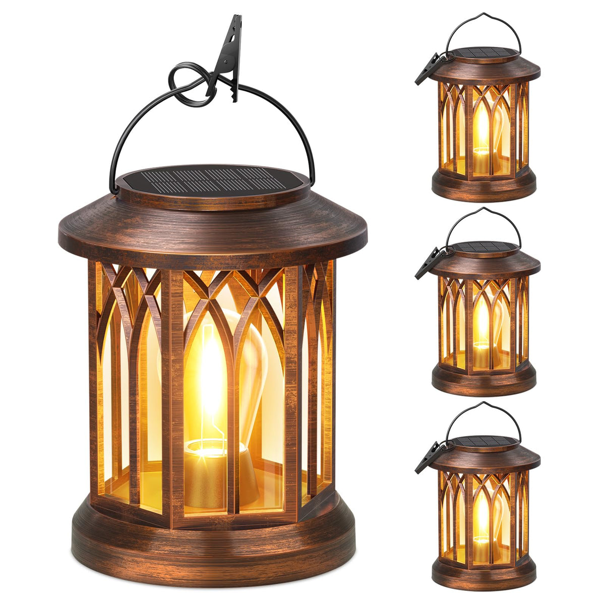 WdtPro solar lanterns close-up showing copper finish and warm 2700K LED glow for cozy outdoor evenings.