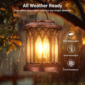 WdtPro solar lantern hanging from a tree with warm light for outdoor gatherings.