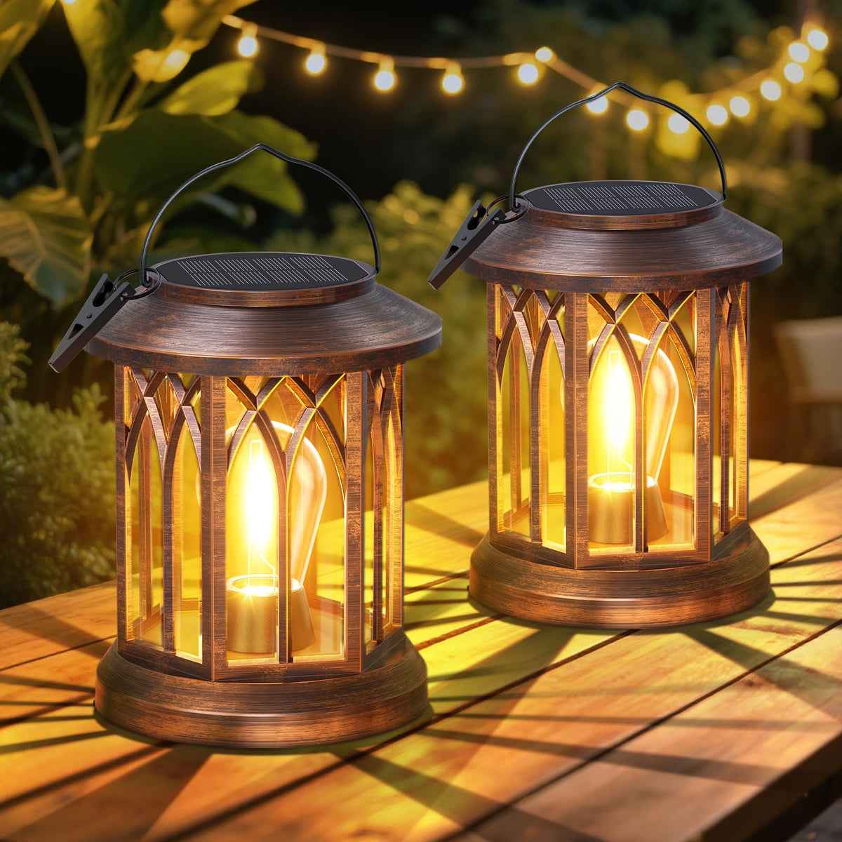 WdtPro solar lanterns in copper glow over a cozy patio.