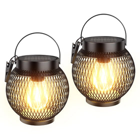 WdtPro solar lantern hanging on a shepherd's hook for cozy garden lighting.