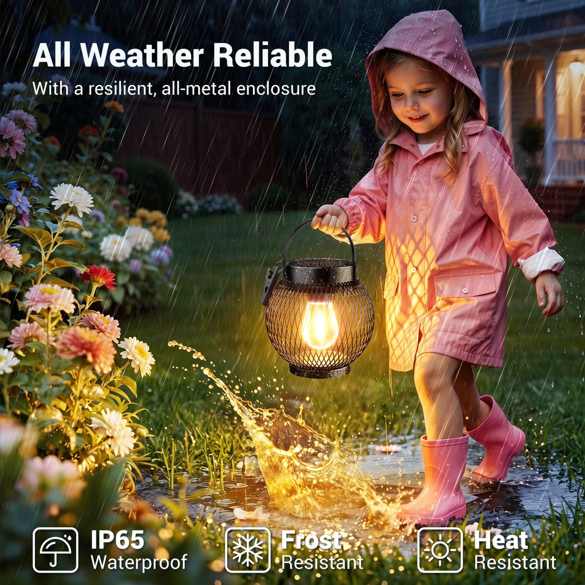 WdtPro IP65 waterproof lantern withstands rain for year-round outdoor use.