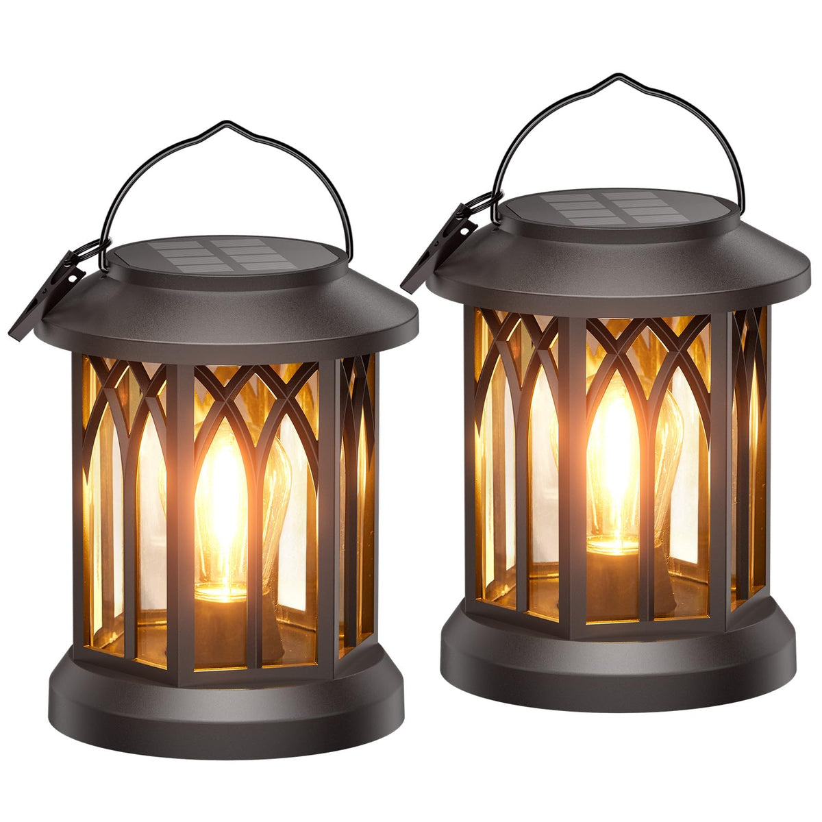 WdtPro solar lanterns hanging with warm light for a cozy outdoor mood