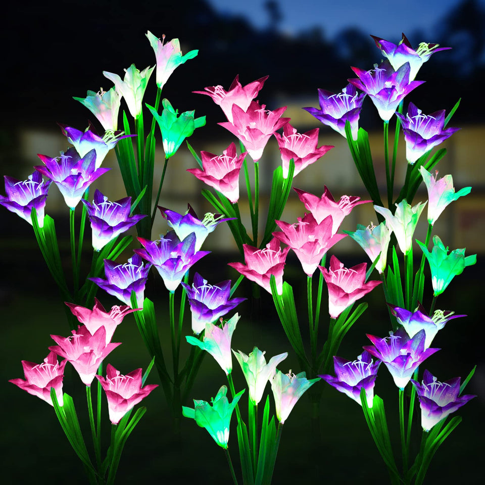 WdtPro solar lily lights closeup showing colorful petals for vibrant garden ambiance.