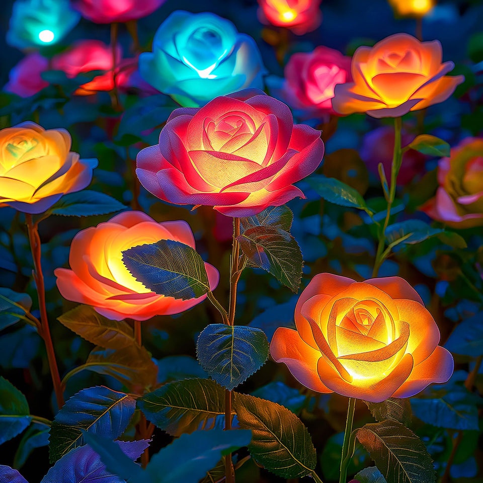 WdtPro solar rose lights outdoors displaying a 4-pack ambiance along a garden path