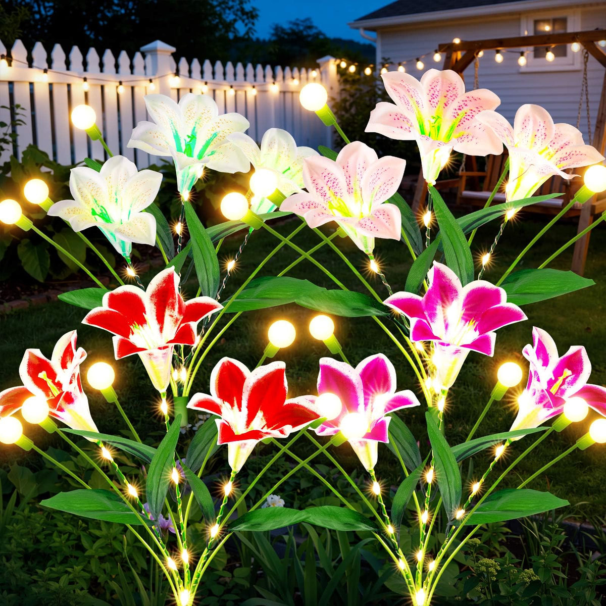 WdtPro solar lily-firefly lights illuminate with 12 blooms for a charming garden night