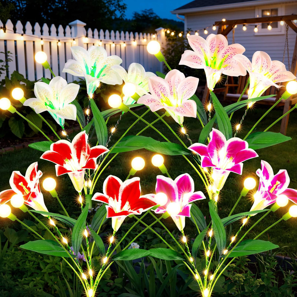WdtPro solar lily-firefly lights illuminate with 12 blooms for a charming garden night