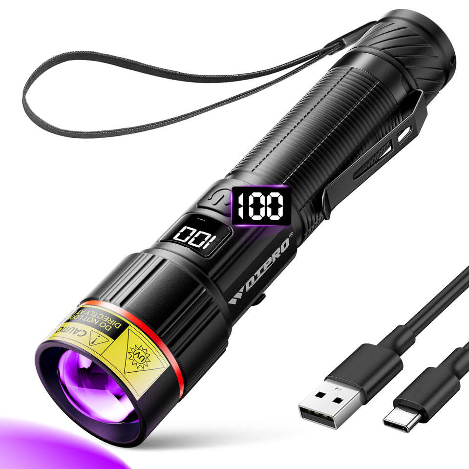 WdtPro UV flashlight 395nm beam reveals hidden stains with vivid fluorescence.