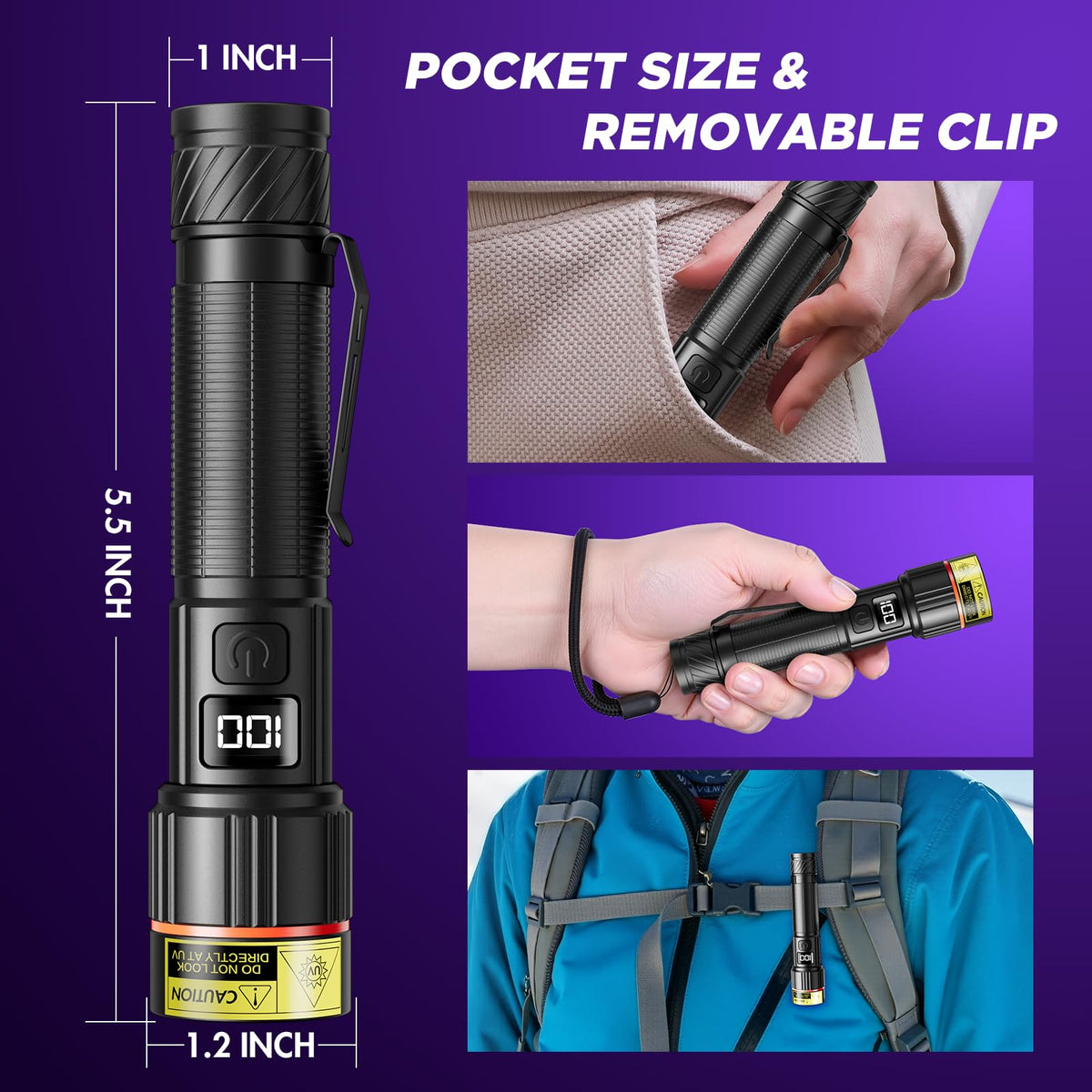 WdtPro UV flashlight clip and lanyard free your hands during tasks.