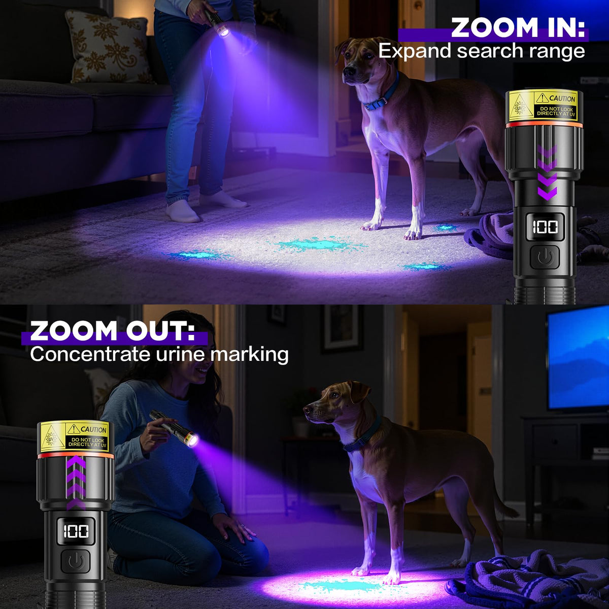 WdtPro UV flashlight zoomable focus enables wide searches and precise targeting.