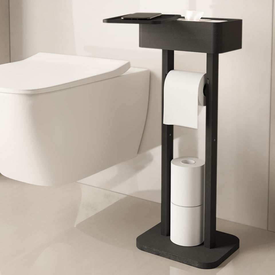 Wealone 4-in-1 black toilet paper holder stand with integrated storage for a tidy bathroom.