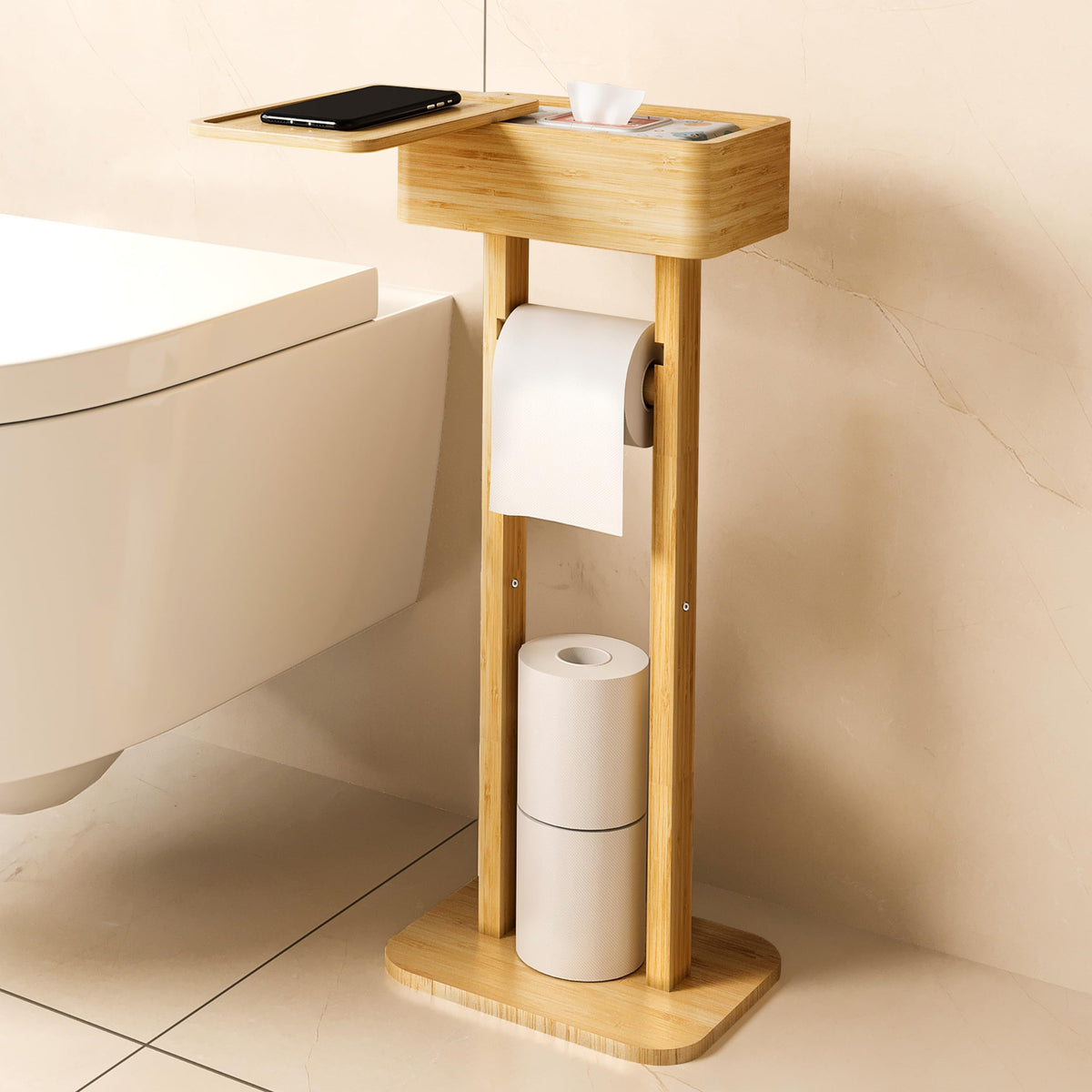Wealone bamboo toilet holder stand with 360° rotation lid keeps items within reach