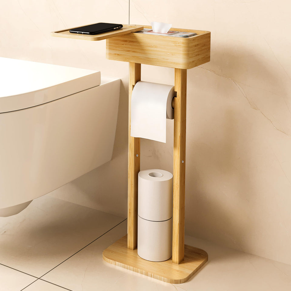 Wealone bamboo toilet holder stand with 360° rotation lid keeps items within reach