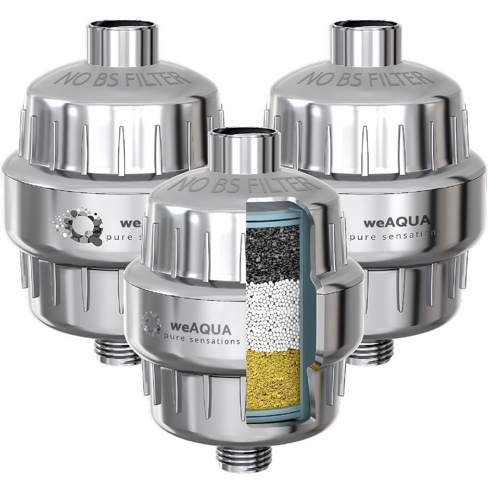 WEAQUA heavy-duty shower filter jumbo three-pack chrome front view for easy installation.