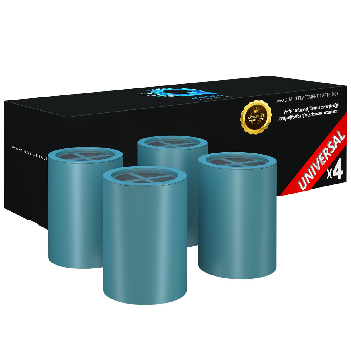 WEAQUA no BS shower filter cartridge 4-pack demonstrates universal fit for most heads