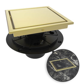 WEBANG 6-inch square shower drain in gold finish for fast water removal.