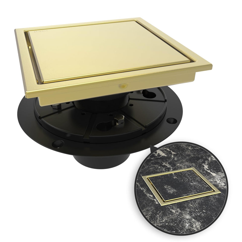 WEBANG 6-inch square shower drain in gold finish for fast water removal.