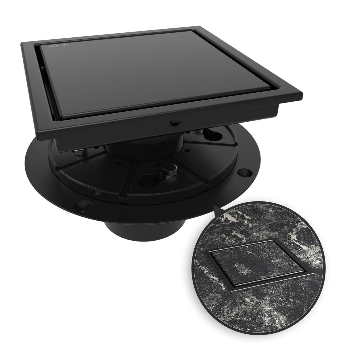 WEBANG 6-inch square shower drain top view showing efficient drainage for tiled showers.
