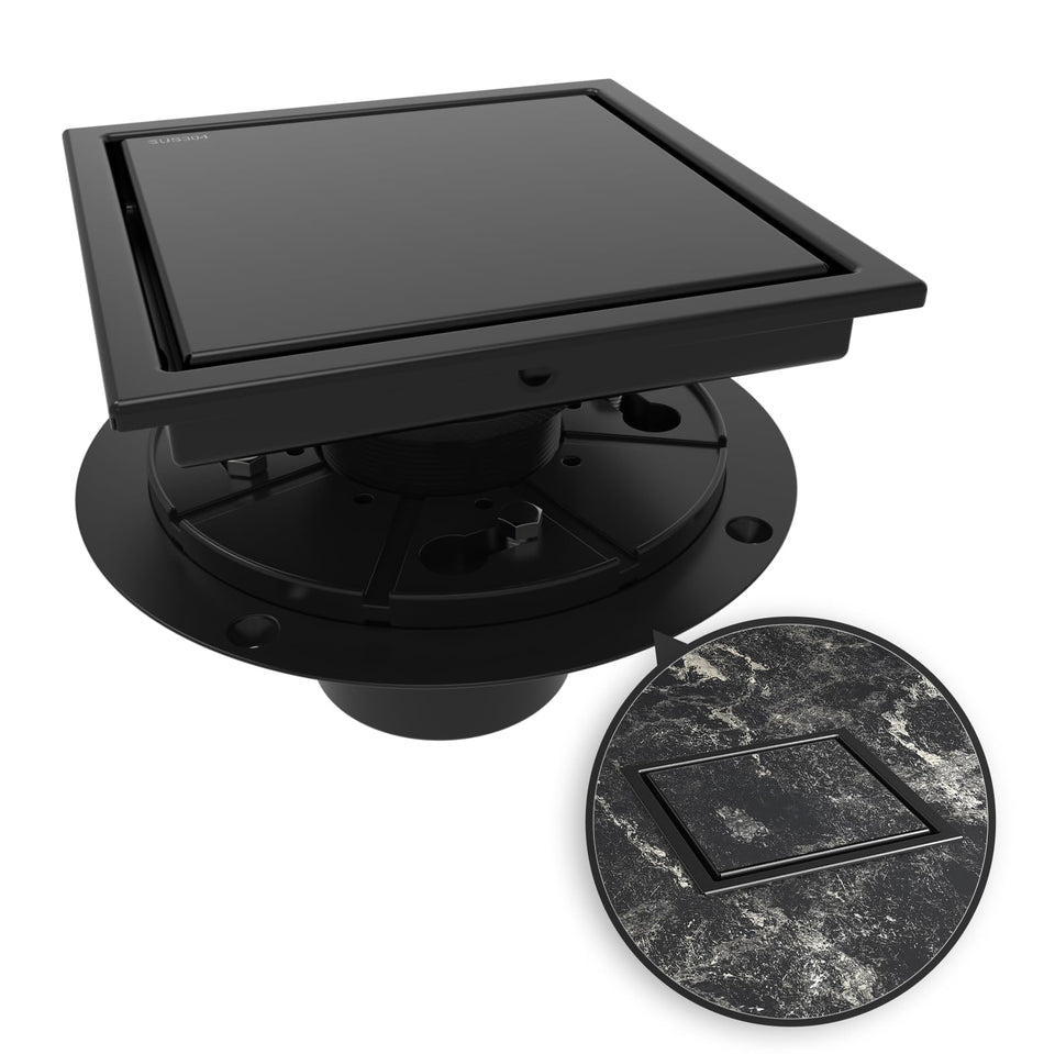 WEBANG 6-inch square shower drain top view showing efficient drainage for tiled showers.
