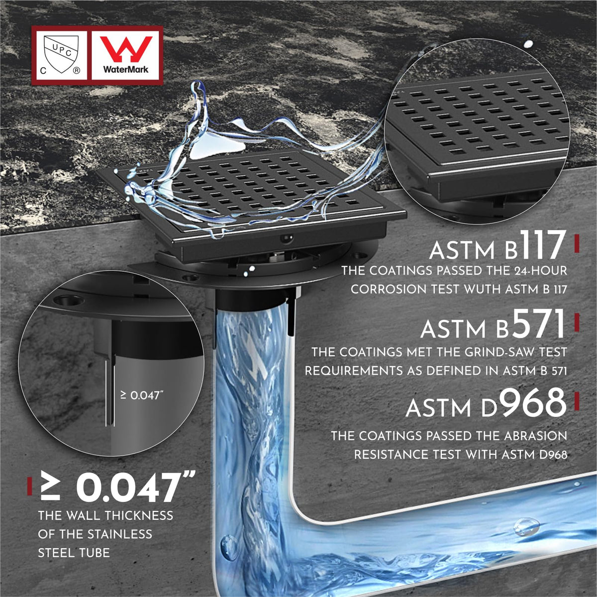 WEBANG matte black finish shower drain complements modern bathrooms and fixtures.