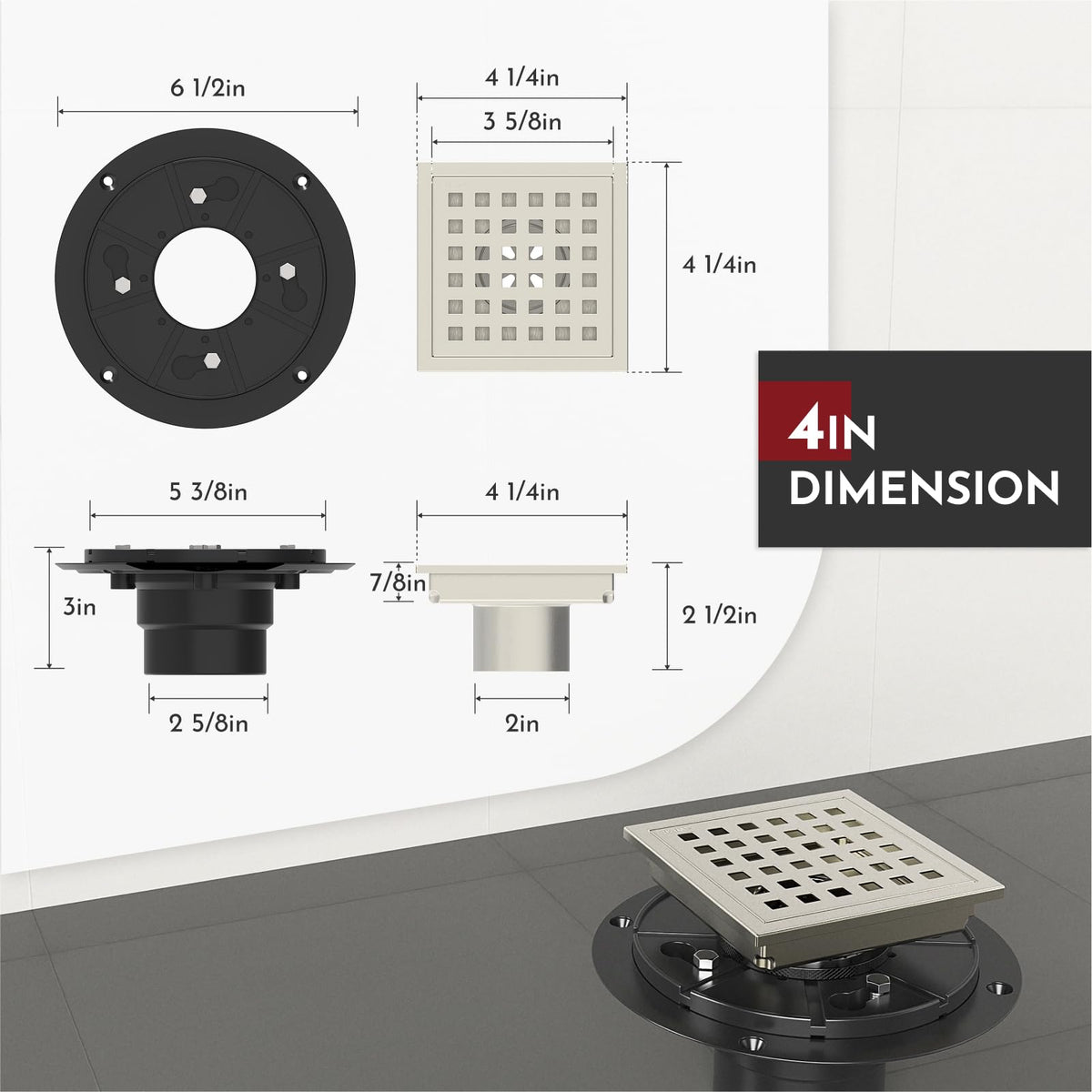 WEBANG square shower drain with brushed nickel finish complements modern baths.