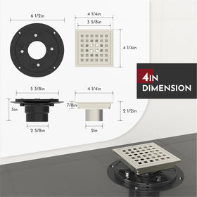 WEBANG square shower drain with brushed nickel finish complements modern baths.