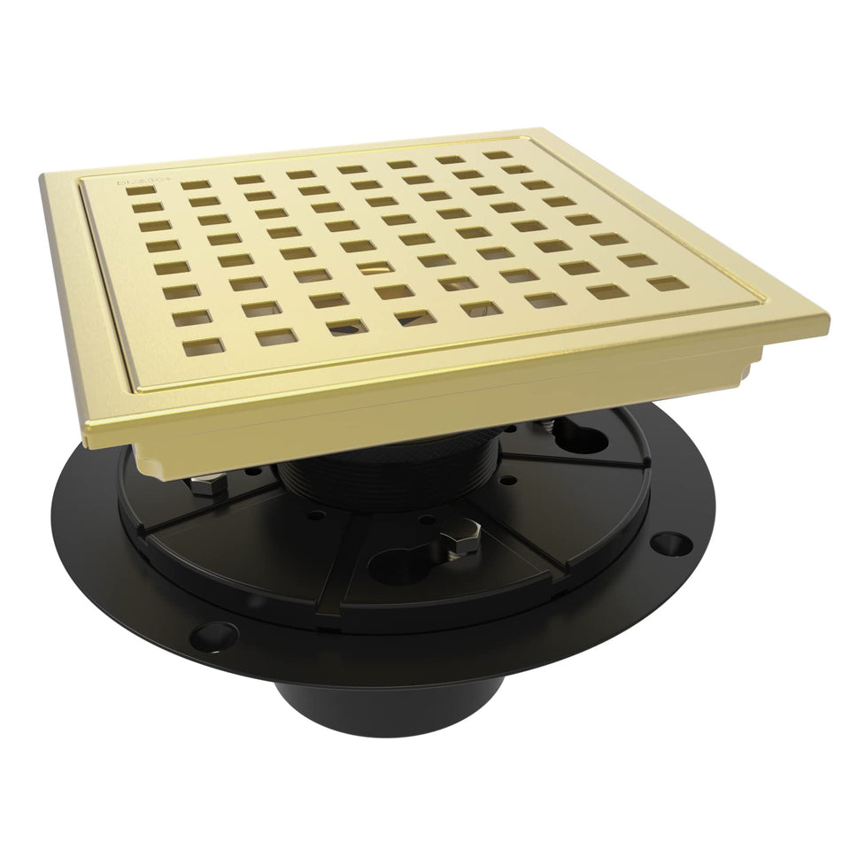 WEBANG square shower drain in brushed gold, top view highlighting modern aesthetic and durable build.