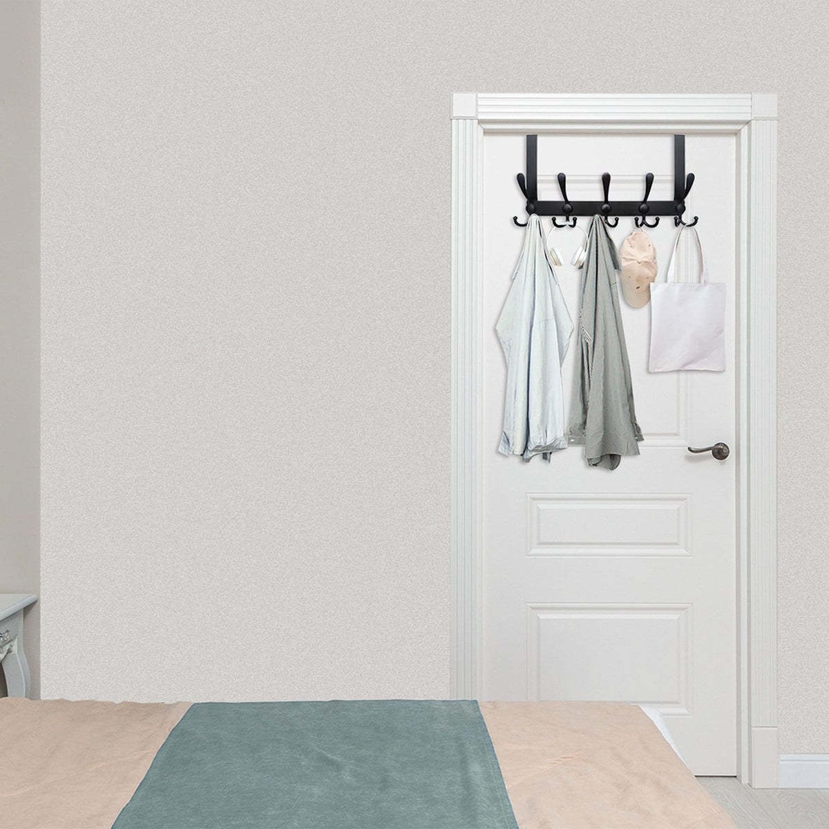 WEBI back-of-door rack keeps coats and towels accessible yet out of the way.