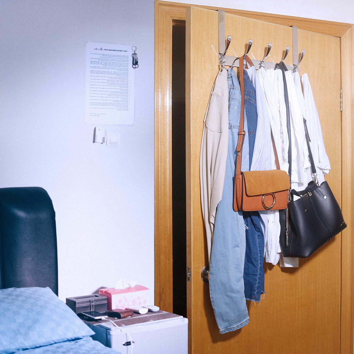 WEBI door hanger rack holds towels and clothes with anti-scratch padding.