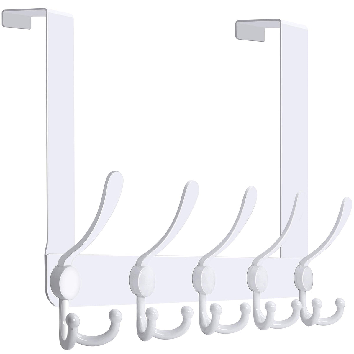 WEBI over-the-door hooks with five tri-hooks organize towels and coats behind the door.