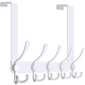 WEBI over-the-door hooks with five tri-hooks organize towels and coats behind the door.