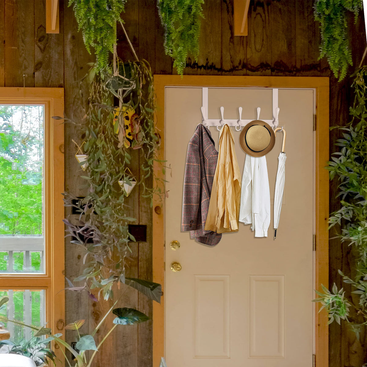 WEBI white finish over-the-door rack blends with décor and adds storage.