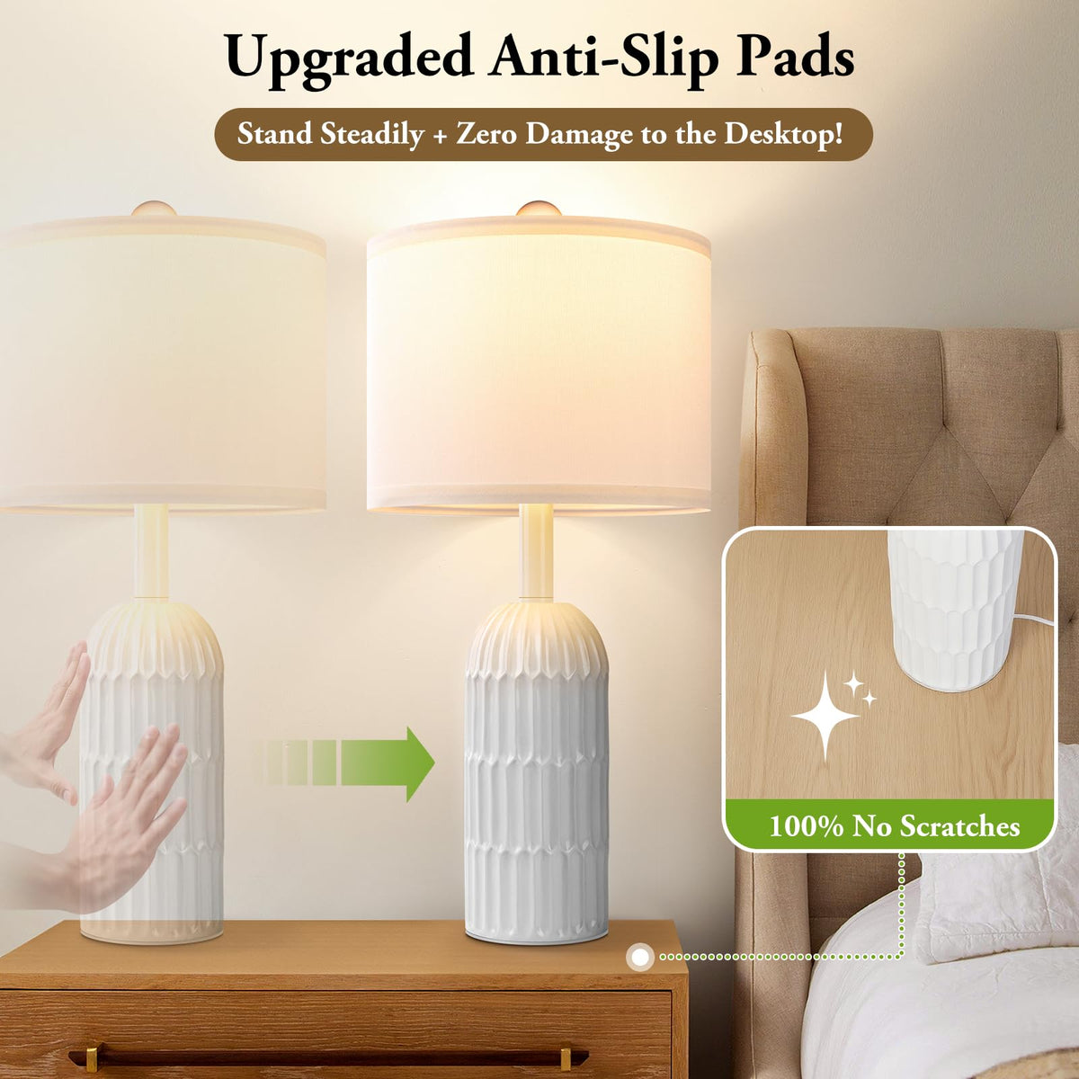 Weddeg anti-slip base keeps lamps stable on surfaces.