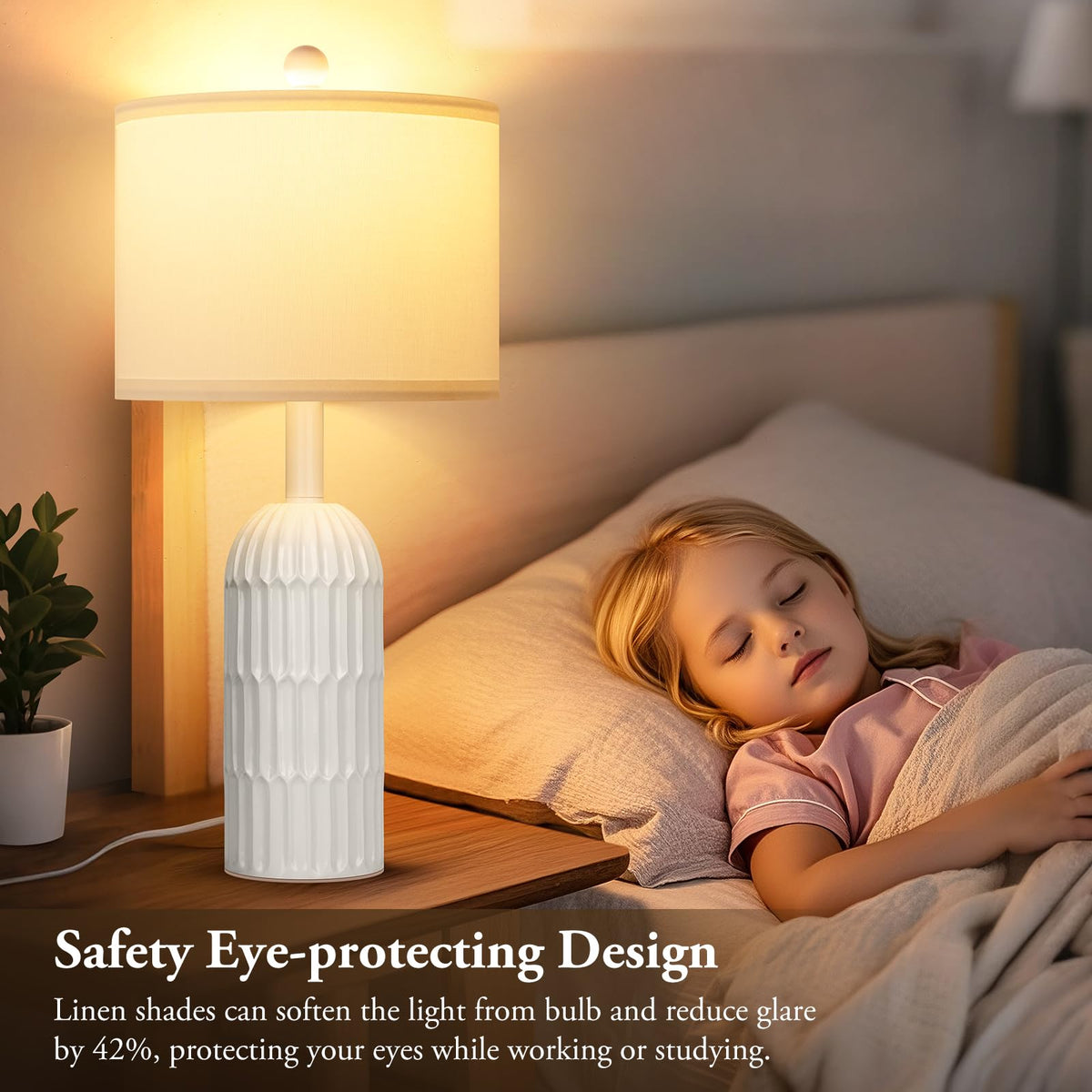 Weddeg white linen shade filters harsh light for comfortable reading.