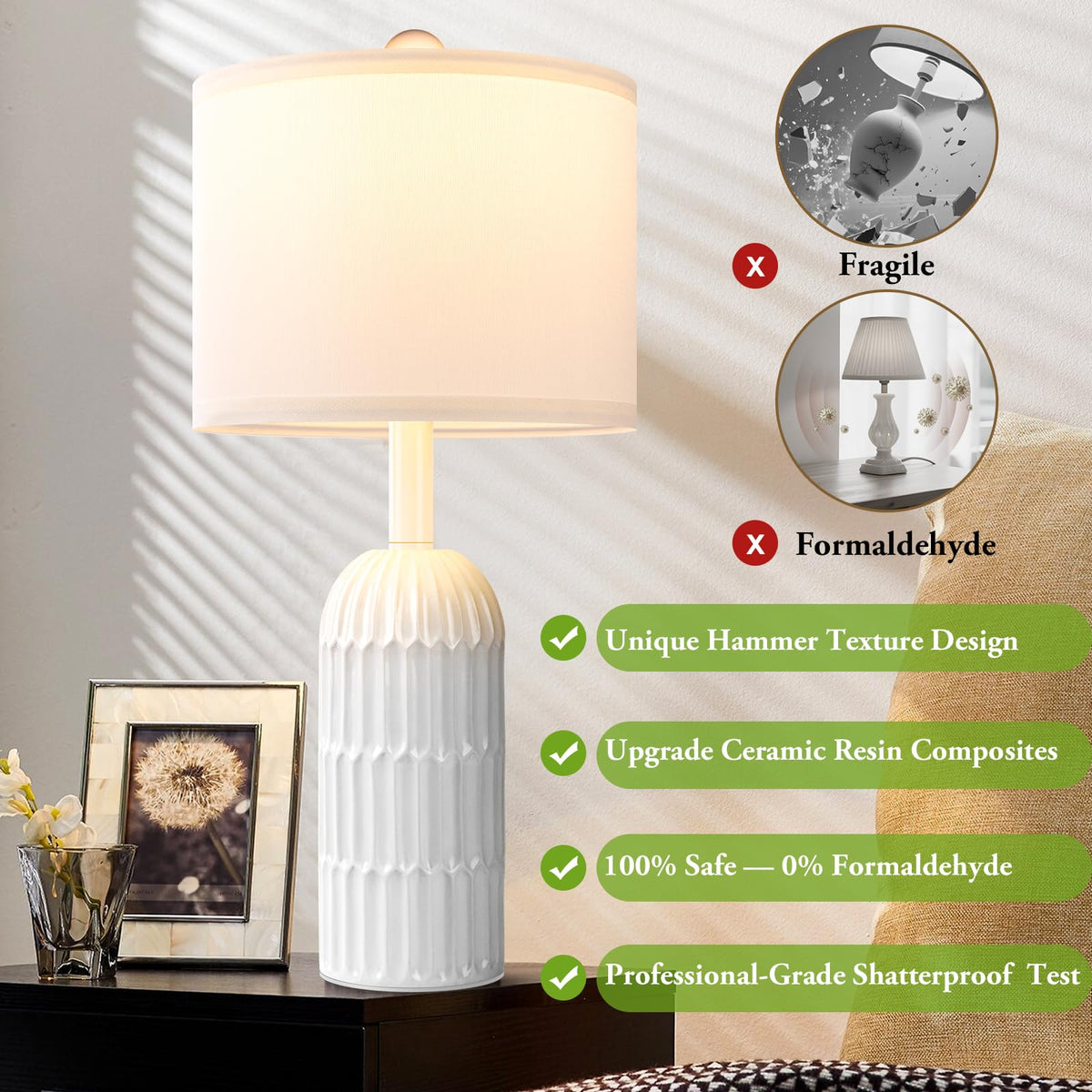 Weddeg white linen shade bedside lamps providing soft, eye-friendly illumination.