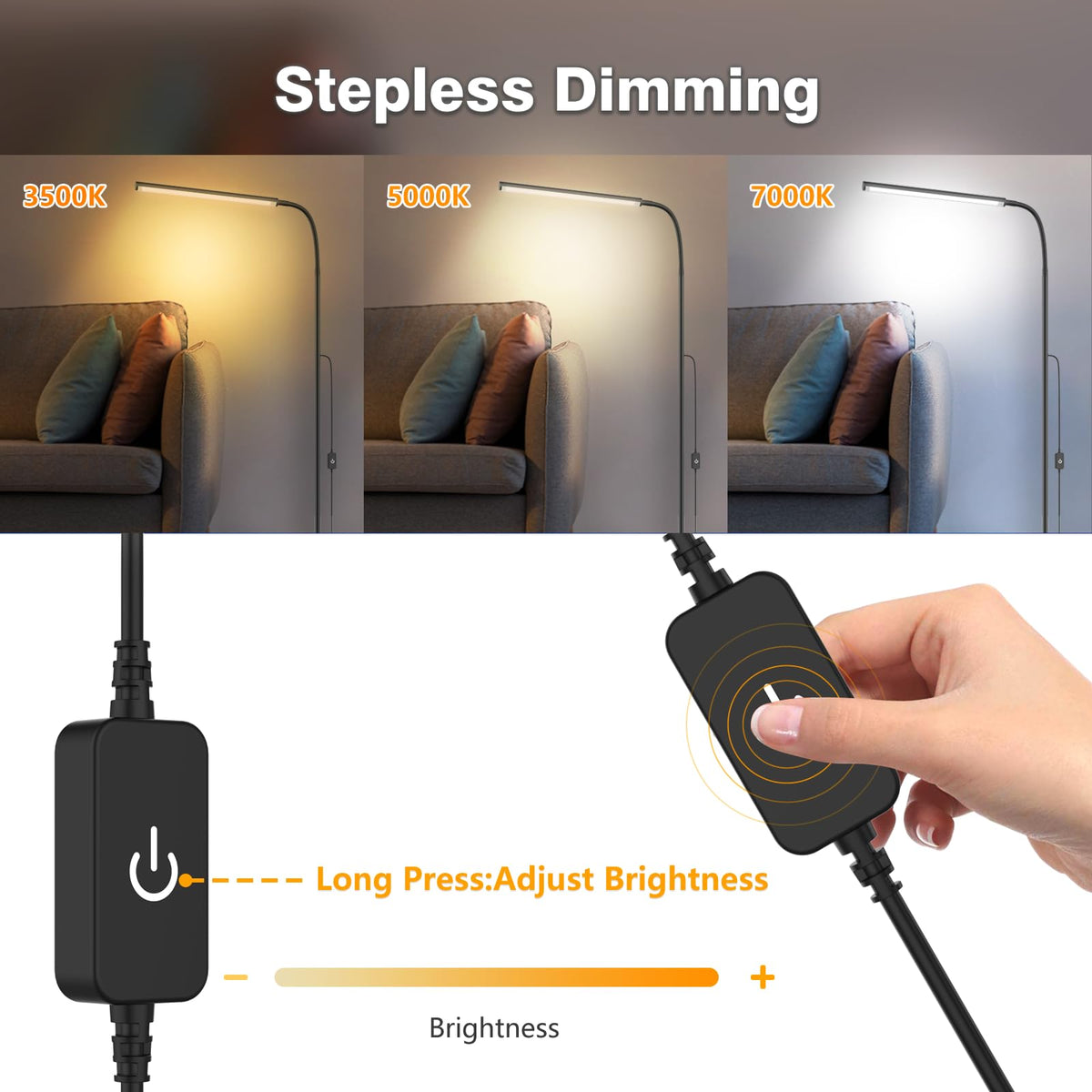 WEDEESUN floor lamp brightness-range close-up highlighting stepless dimming.