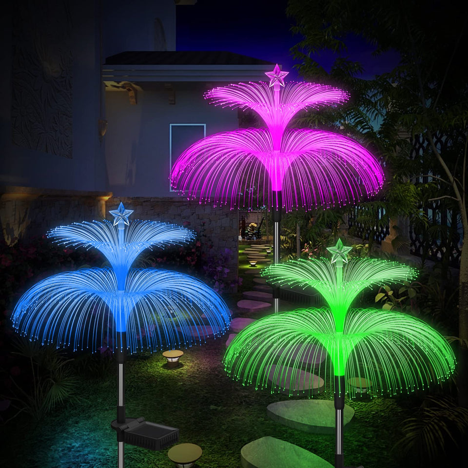 Weepong solar garden lights with double jellyfish and star illuminate walkways beautifully