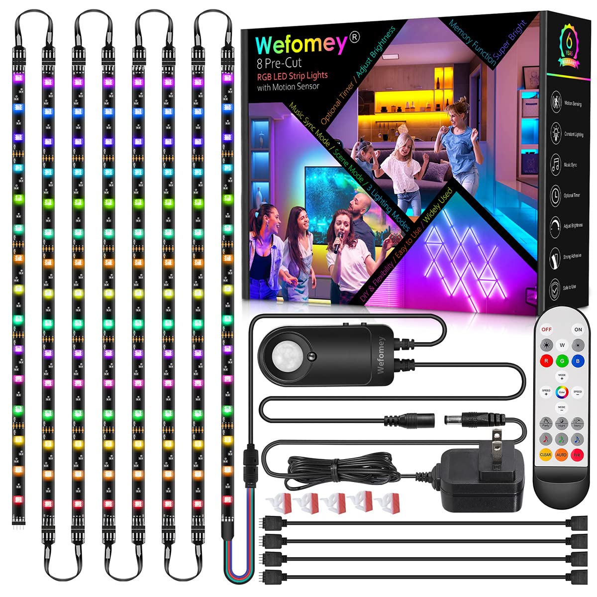 Wefomey 8-piece RGB under-cabinet kit brightens shelves with vivid adjustable colors.